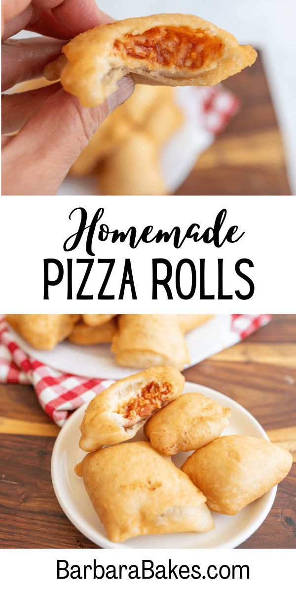 homemade pizza rolls on a white plate with text overlay that reads homemade pizza rolls