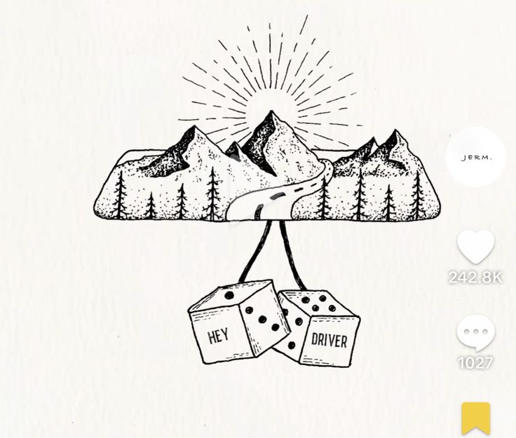 a drawing of two dices on top of each other with mountains in the background