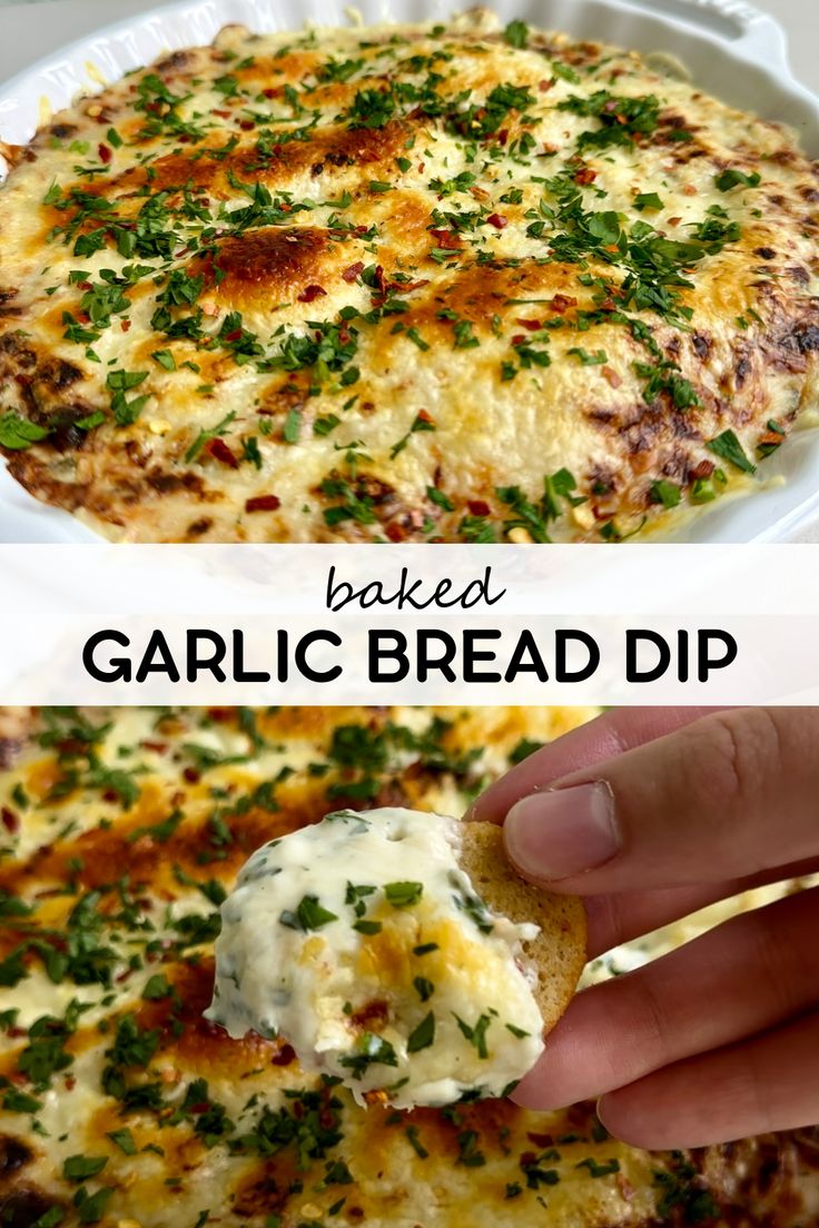 two pictures of baked garlic bread dip in a white dish with a hand holding a cracker