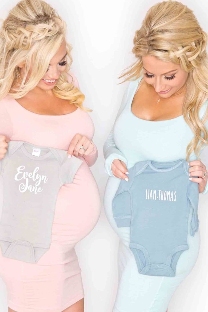 two pregnant women in matching bodysuits, one is holding the other's belly