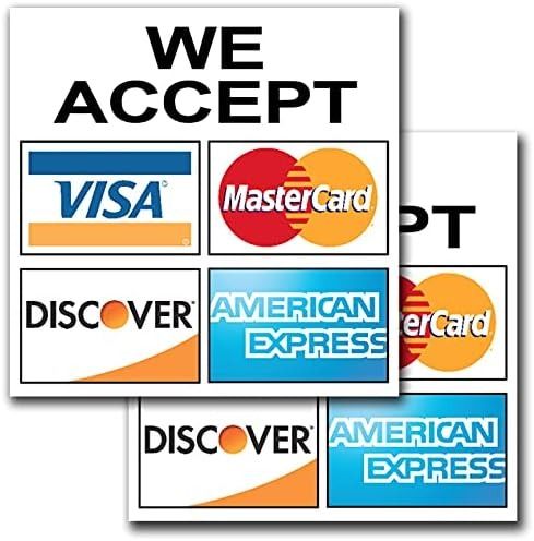 four different credit cards with the words we accept, visa, mastercard and american express