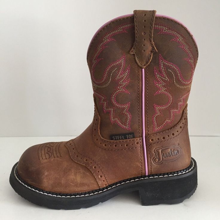 Brand: Justin Type: Women's Boots Style: Gypsy, Gy9980, Western, Cowboy Work Boots, Round Steel Toe Material: Leather Upper, Fabric Lining, Rubber Balance Color: Brown With Pink/White Stitching Condition: New Without Box. Please See Photos For Further Details/Condition. Size: Women's Us Size 5.5b Measurements: Shaft 7.5" On Sides Actual Heel Height 1.75" Platform 1" Heel To Toe Drop .75" Brown Snip Toe Heeled Boots For Rodeo, Brown Low-top Steel Toe Boots, Brown Western-themed Boots With Round Toe, Vintage Brown Retro Snip Toe Boots, Justin Cowboy Boots, Fitted Brown Western Mid-calf Boots, Justin Boots, Cowboy Boots Women, Shoes Heels Boots