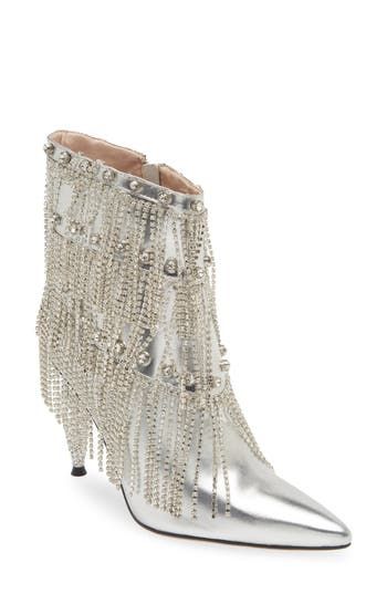 Swaying fringe animates a glam bootie punctuated by glistening rhinestone studs in a tiered formation. 4" heel (size 8.5) 6" shaft Side zip closure Arch support Synthetic upper, lining and sole Imported Asian & Pacific Islander Owned/Founded Chic Fringe Boots For Party, Elegant High Heel Boots With Rhinestone Fringe, Elegant Silver Boots With Rhinestone Fringe, Glamorous Embellished Boots For Party Season, Pointed Toe Party Boots With Fringe, Party Boots With Fringe And Pointed Toe, Silver High Heel Boots With Rhinestone Fringe, Glamorous High Heel Boots With Rhinestone Fringe, Elegant Fringe Boots For Party