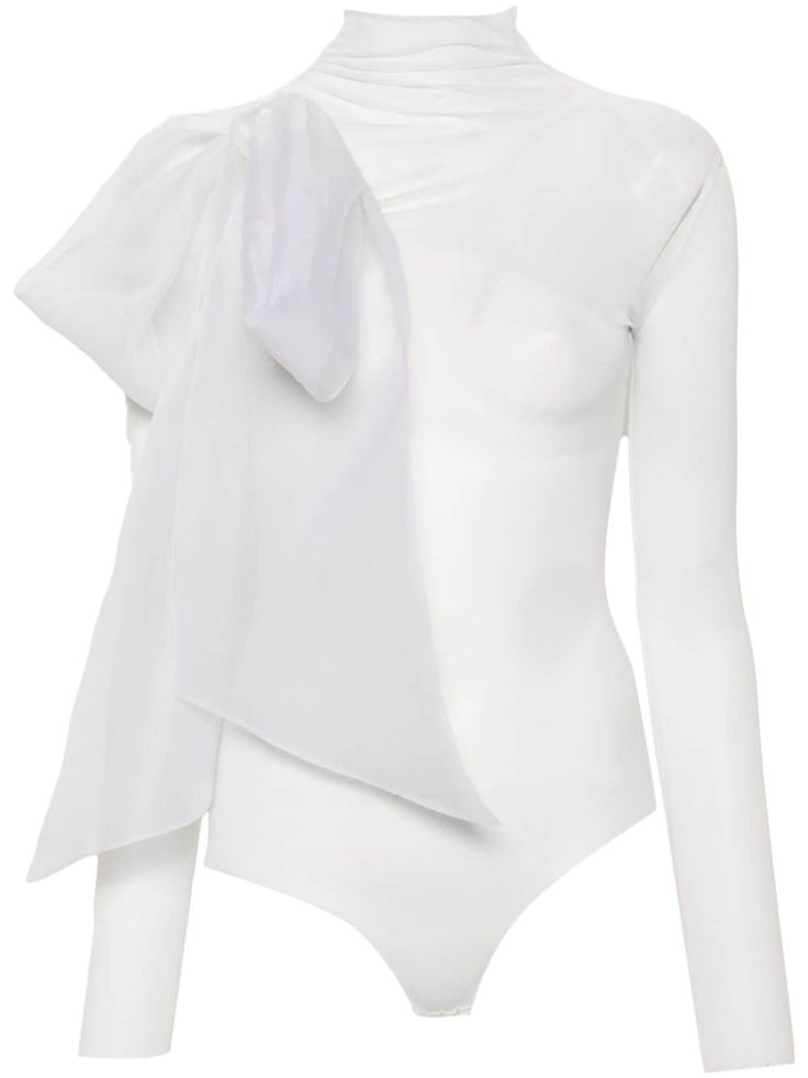 white recycled polyester blend semi-sheer construction bow detailing ruched detailing long sleeves Bodysuit White, Yoko London, City Dress, Upcycled Materials, Airport Fashion, Summer Beach Wear, Airport Style, Ballet Flat Shoes, Sheer Sleeves