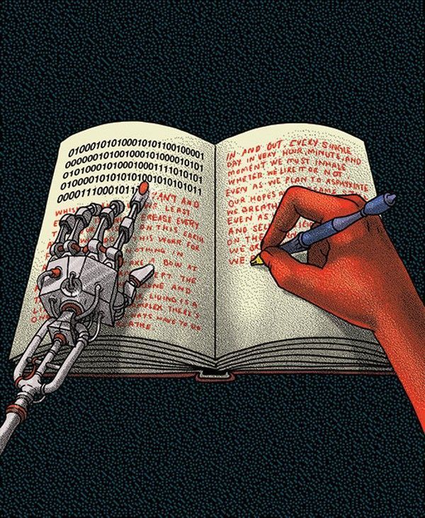 a hand holding a pen writing on top of an open book next to a robot