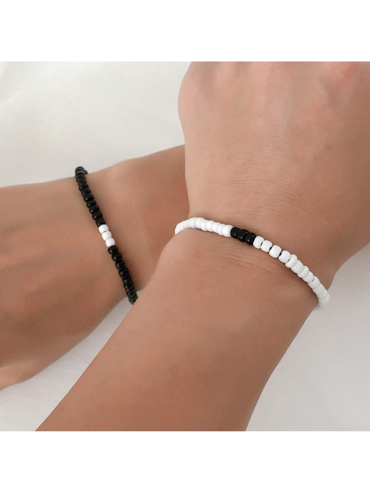 2pcs Minimalist Black & White Beaded Braided Friendship Couple Bracelets Set For Women Black and White    Glass     Women Fashion Jewelry, size features are:Bust: ,Length: ,Sleeve Length: Simple Embroidery Bracelets, Bracelets Braided, Couple Bracelets Beads Diy, Bead Bracelet Couple, Simple Matching Bracelets, Friendship Bracelets Black And White, Couples Matching Bracelets Beads, Cute Couples Bracelets, Cute Bff Jewelry