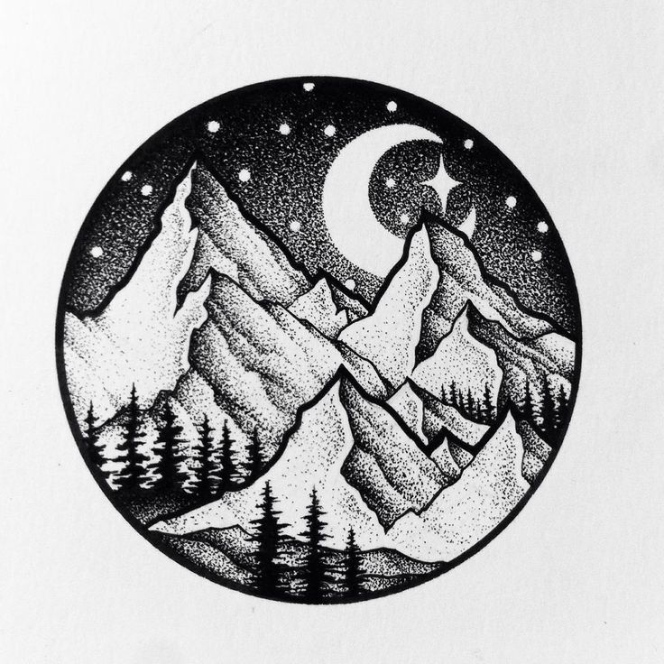 a black and white drawing of mountains with trees in the foreground, and a full moon above them