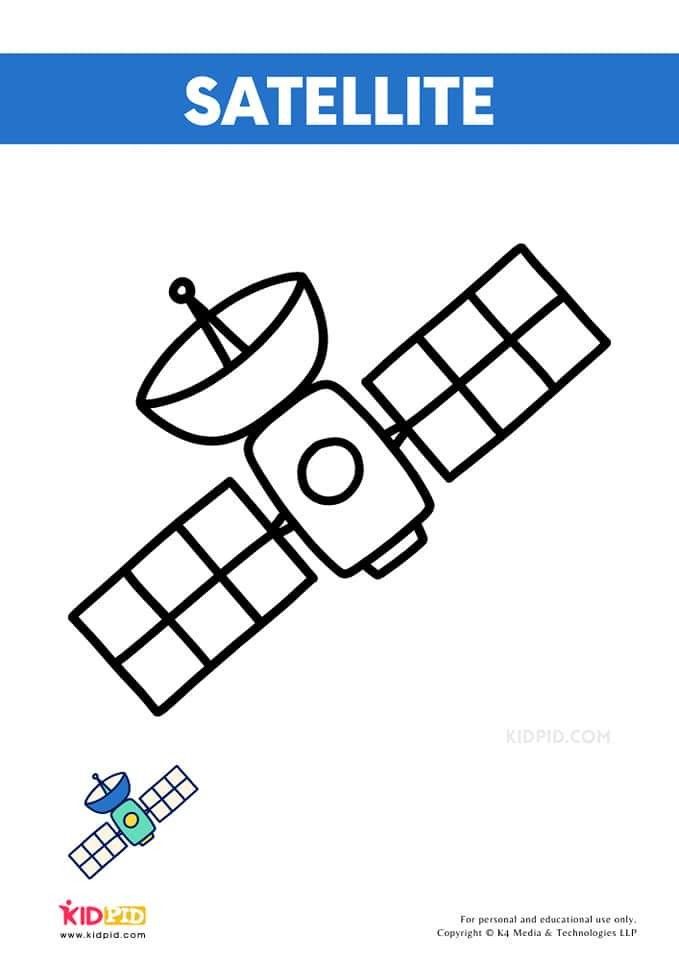 the satellite coloring page for kids is shown in black and white, with blue border