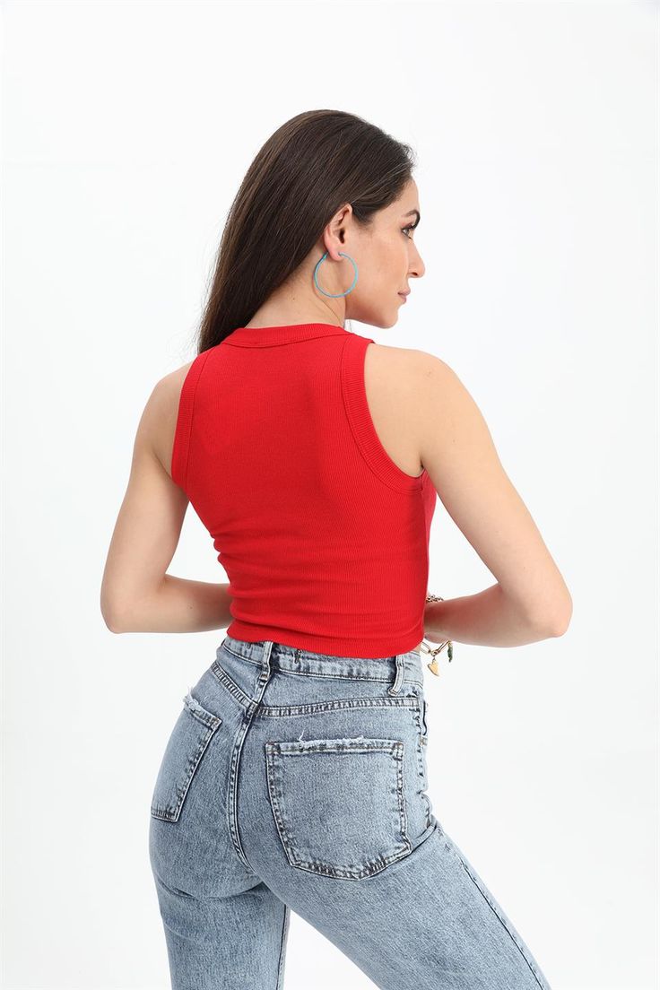 Red Sleeveless Stretch Crop Top, Trendy Red Sleeveless Tank Top, Red Cropped Stretch Tank Top, Red Stretch Cropped Tank Top, Stretch Red Cropped Tank Top, Red Stretch V-neck Tank Top, Red Casual Sleeveless Blouse, Red Vest Crop Top For Summer, Casual Red Sleeveless Blouse