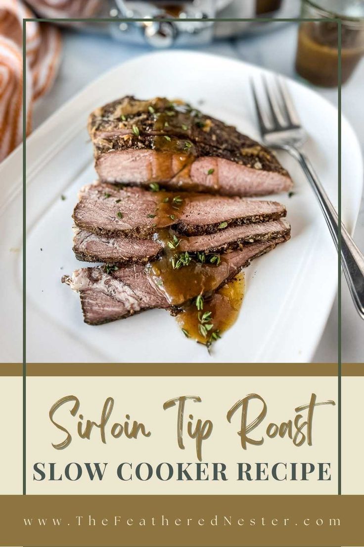 the recipe for slow cooker roast beef is shown on a white plate with fork and knife