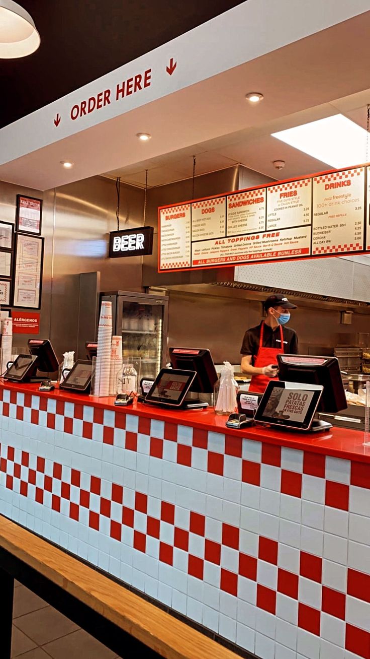 a checkered counter in a fast food restaurant