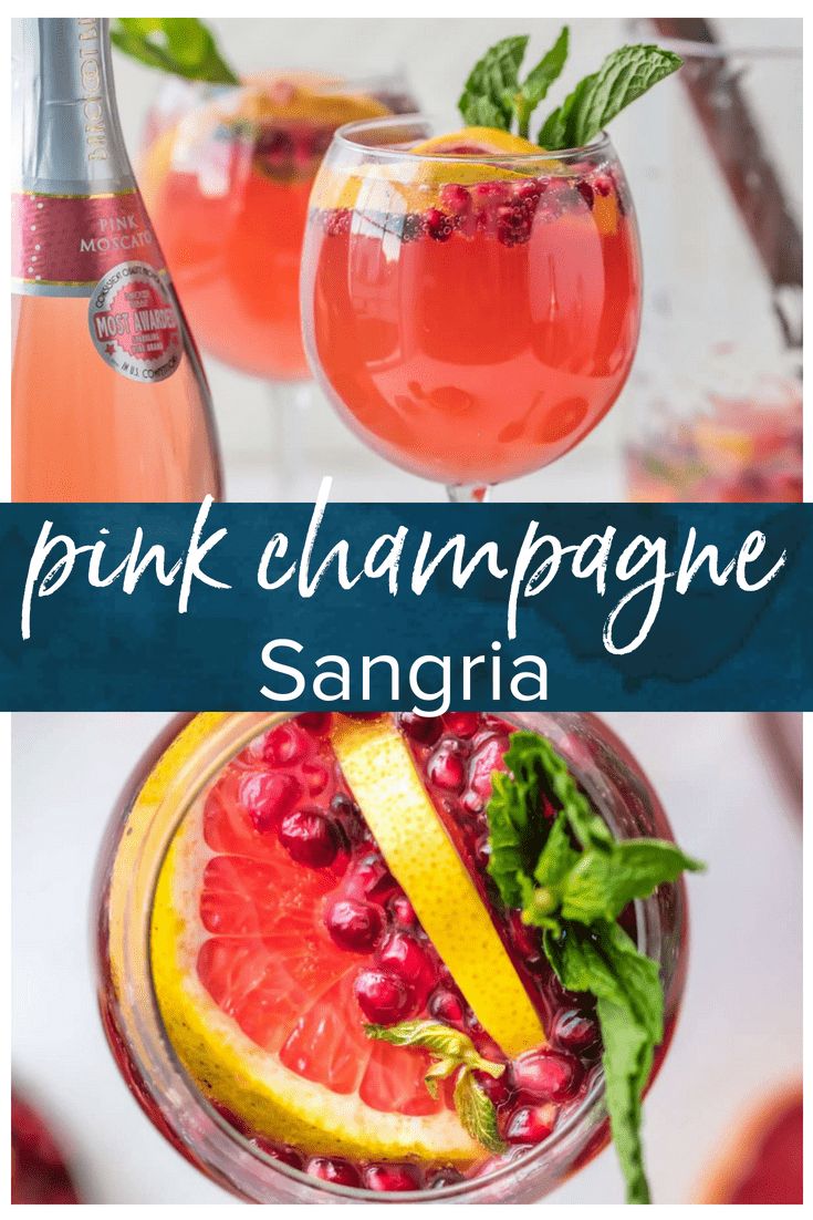 pink champagne sangria with pomegranate and garnishes in glasses