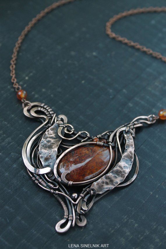 Agate Wire wrapped pendant Gemstone necklace Metalwork | Etsy Unique Handmade Wire Necklaces, Handmade Unique Wire Necklaces, Handmade Amber Metal Necklace, Unique Hand Forged Freeform Necklaces, Bronze Wire Wrapped Pendant Necklace, Artistic Wire Wrapped Pendant Necklace, Artisan Copper Wire Necklaces With Natural Stones, Artisan Handmade Copper Wire Necklaces, Artisan Necklace With Natural Stones And Copper Wire