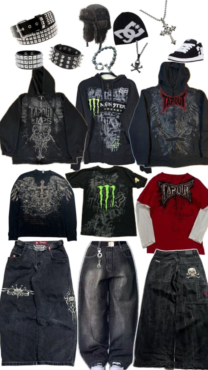 Affliction skater jnco tapout monster fits Skater Fits, Affliction Clothing, Baggy Outfit Ideas, Punk Style Outfits, Street Style Outfits Casual, Silly Clothes, Trashy Outfits, Funky Outfits, Outfit Inspo Casual