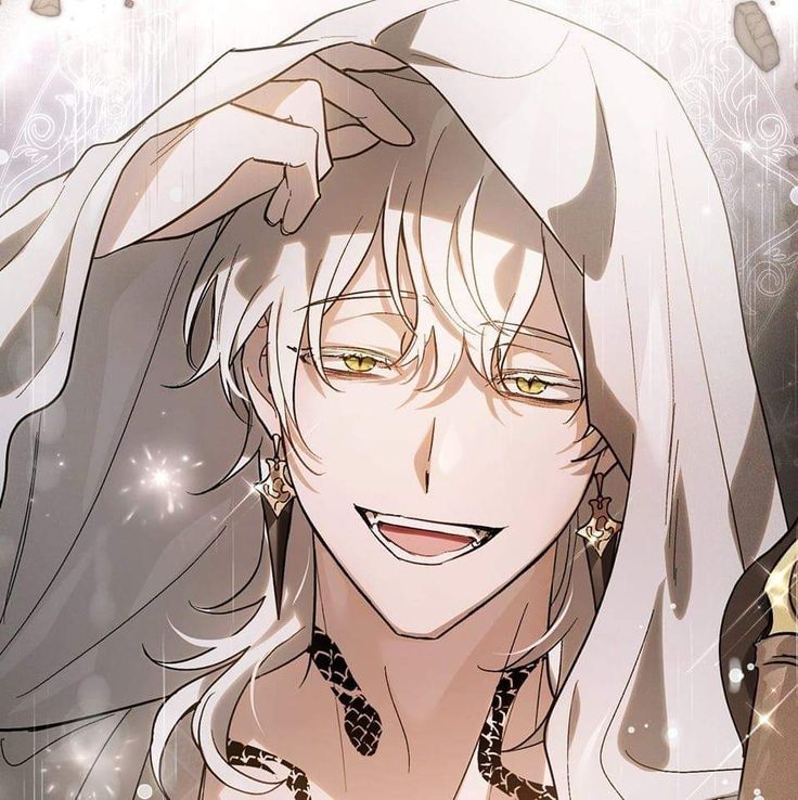 an anime character with long white hair and yellow eyes smiling at the camera while wearing gold jewelry