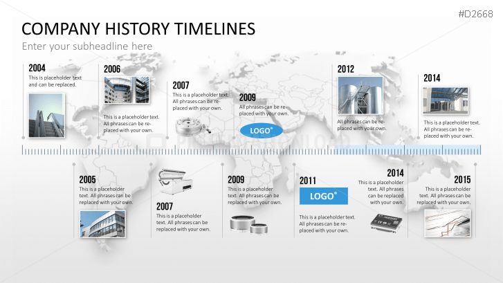 the company history is shown in blue and white, with images of buildings on it