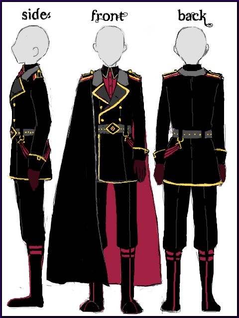 Cape would be a midnight blue, outfit white instead of black Clothing Design Sketches, Drawing Anime Clothes, Military Uniforms, Army Uniform, Military Outfit, Fashion Design Drawings, Drawing Clothes, Military Uniform, Fantasy Clothing