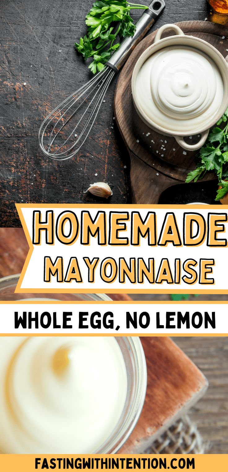 homemade mayonnaise in a glass bowl on a wooden cutting board