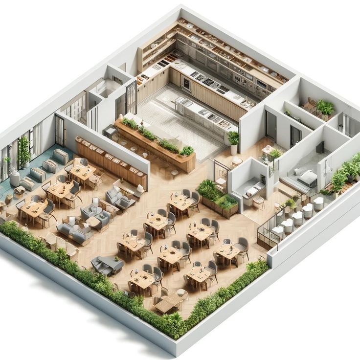 an aerial view of a kitchen and dining area in a building with plants growing on the roof