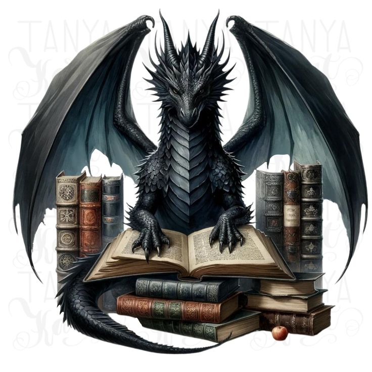 a black dragon sitting on top of an open book