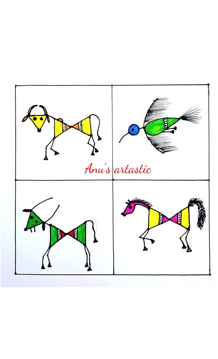 four pictures with different colored horses on them