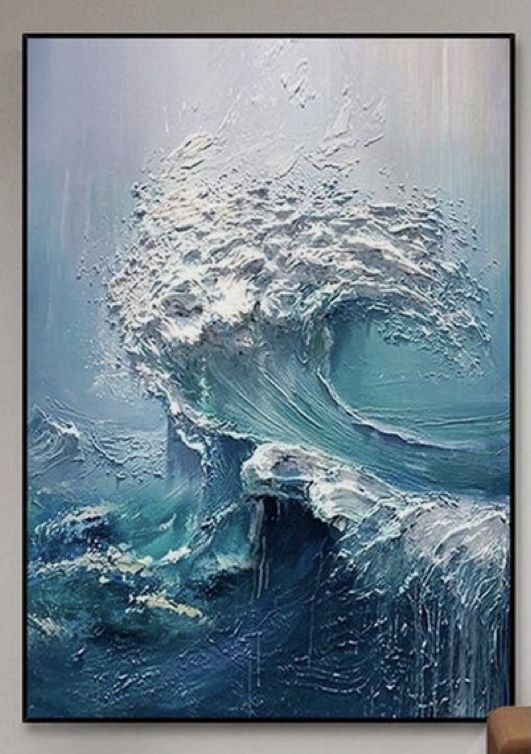 an abstract painting on the wall with water splashing off it's face and blue ocean waves