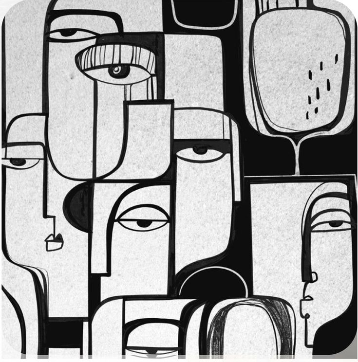 a black and white drawing of many faces