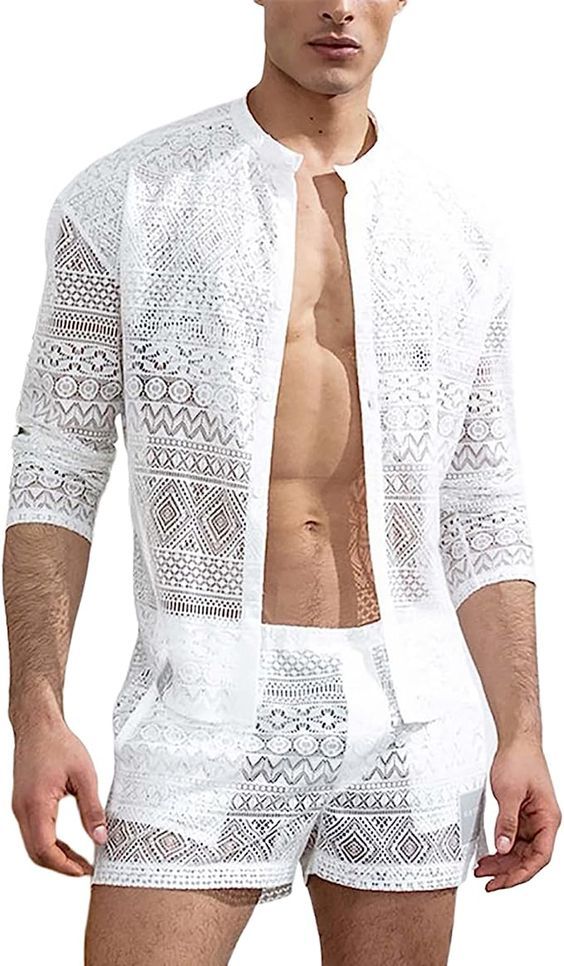 EndoraDore Men's 2 Pieces Shirt Sets Sexy Lace See Through Long Sleeve Casual Button Down Shirts and Shorts Tracksuit at Amazon Men’s Clothing store Costume Africain, Polka Dot Pants, Casual Long Sleeve Shirts, Crochet Shirt, Lace Shirt, Beach Wear, Shorts Set, Crochet Designs, Namaste