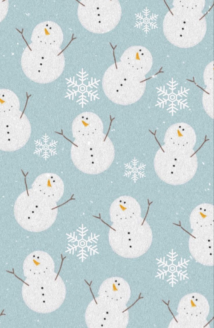 a snowman pattern on a blue background with lots of snowflakes in the air