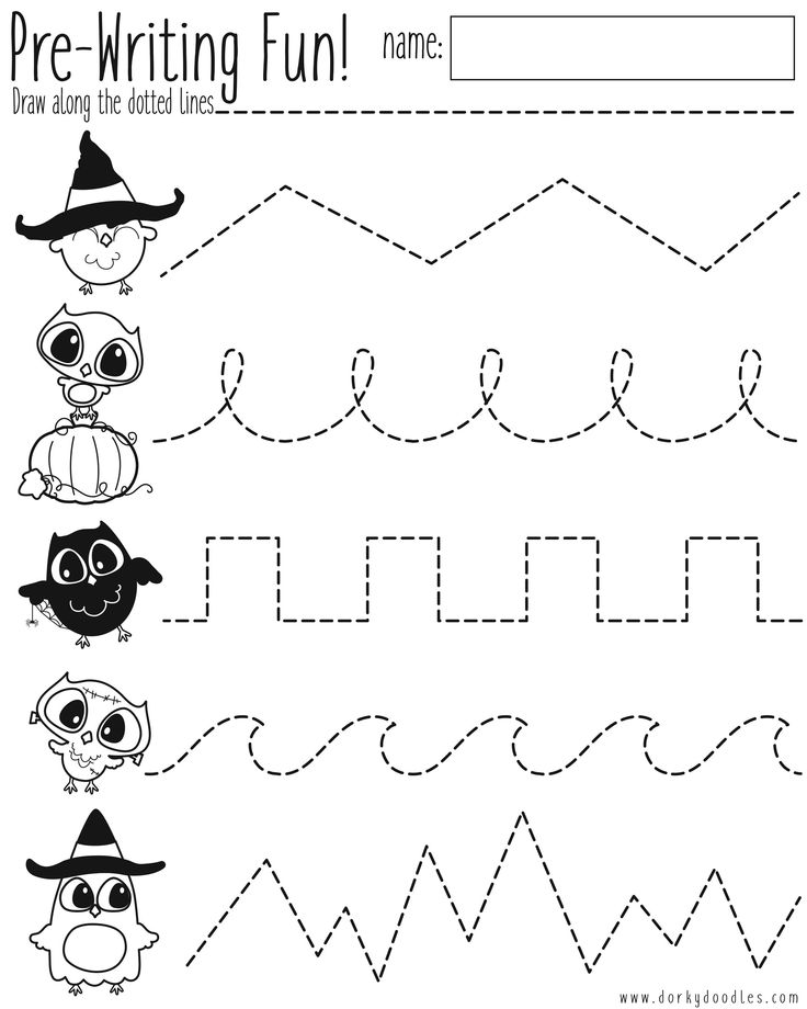 the printable worksheet for pre - writing fun with owls and witches on it