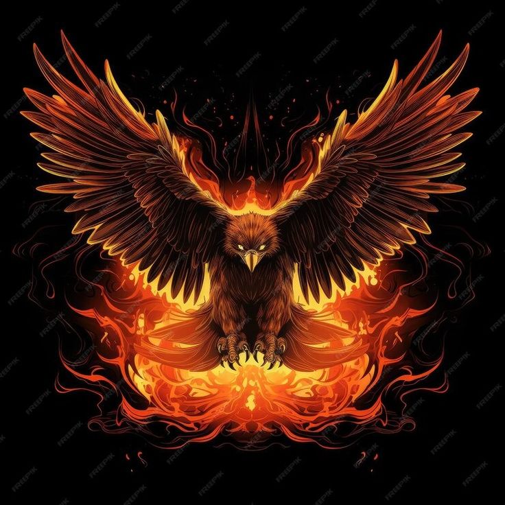 an orange and black bird with flames on it's wings