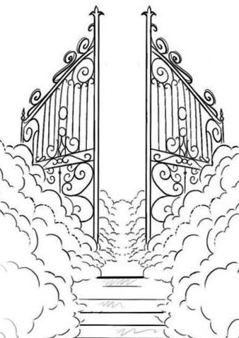 an open gate with stairs leading up to the sky and clouds surrounding it in black and white