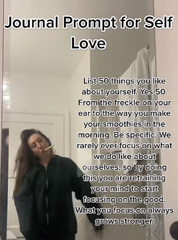 a woman standing in front of a mirror with the caption'journal for self love '