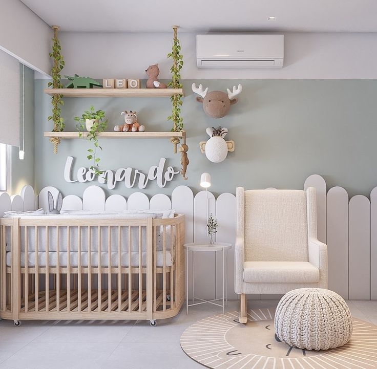 a baby's room decorated in neutral colors