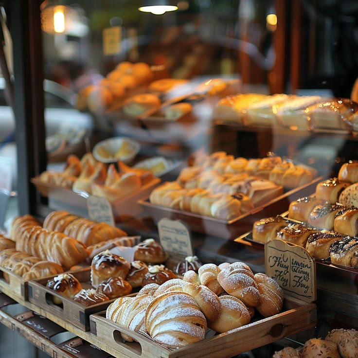 many different types of pastries are on display