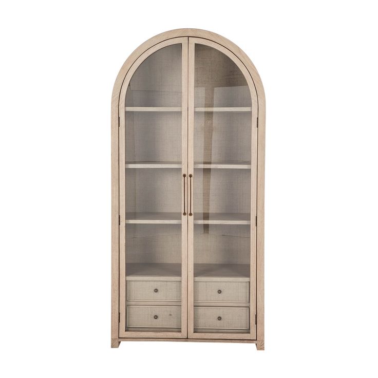 an arched glass door cabinet with drawers on the front and bottom shelves in white wood