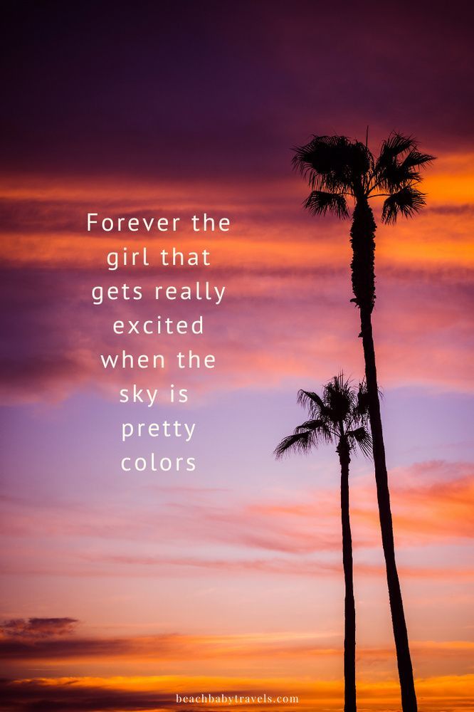 two palm trees against a sunset sky with the quote forever the girl that gets really excited when the sky is pretty colors