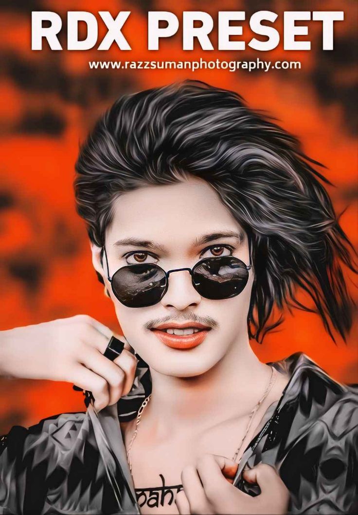 a woman with sunglasses on her face and hair in front of an orange background that says rdx preset