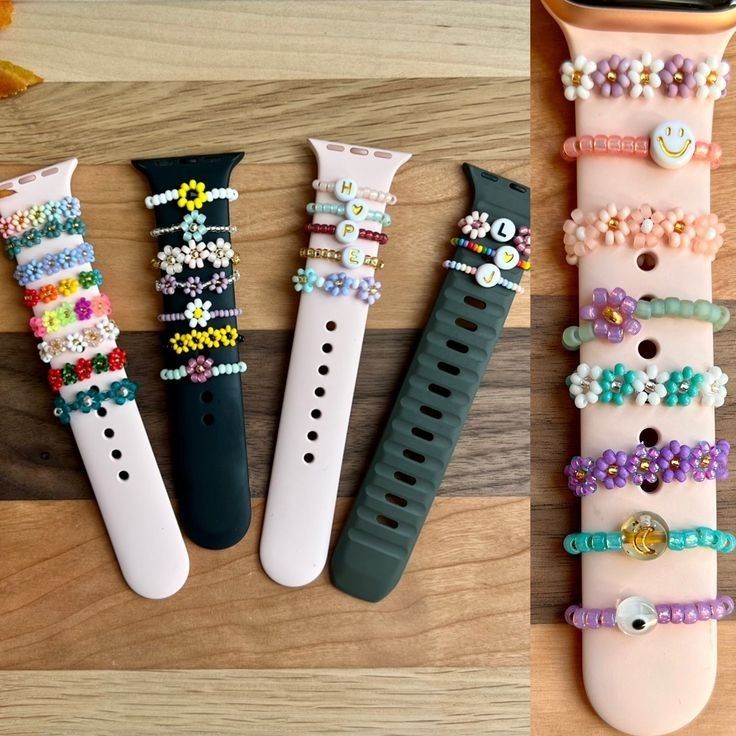 How To Make Apple Watch Charms, Smart Watch Charms, Watch Band Charms Diy, Beaded Watch Charms, Diy Watch Charms, Apple Watch Friendship Bracelet, Bead Watch Bands, Adjustable Letter Beads Jewelry For Personal Use, Trendy Adjustable Watch Accessories For Gift