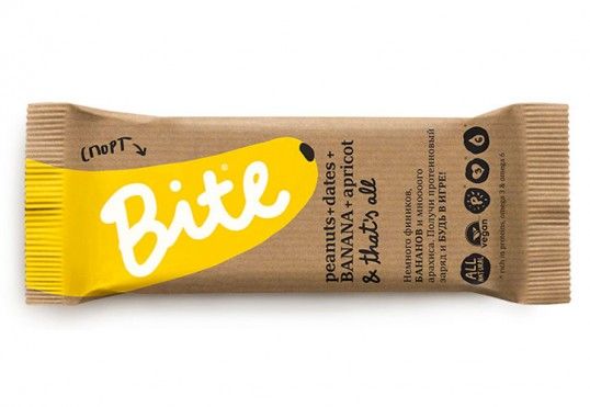 a bar with the word bite written on it's wrapper, in front of a white background