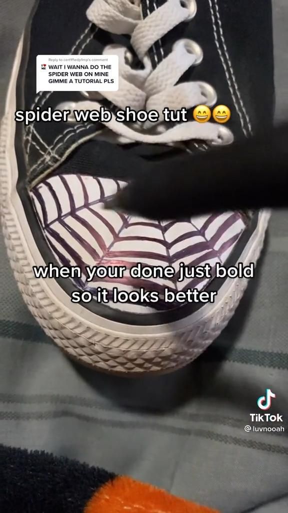 an image of someone's shoes with the caption spiderweb she put when your one just told so it looks better