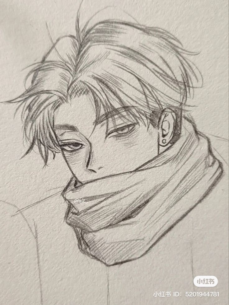 a drawing of a person with a scarf around his neck and eyes closed to the side