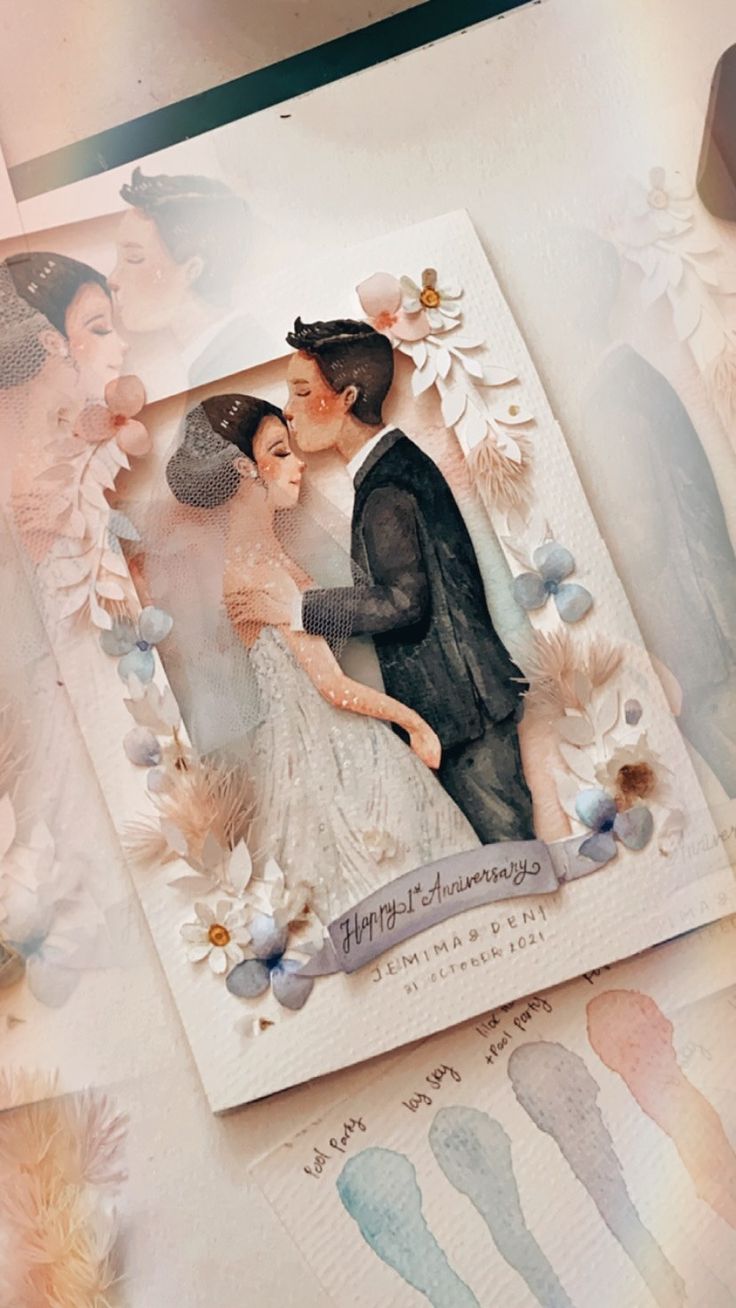 a wedding card with an image of a bride and groom