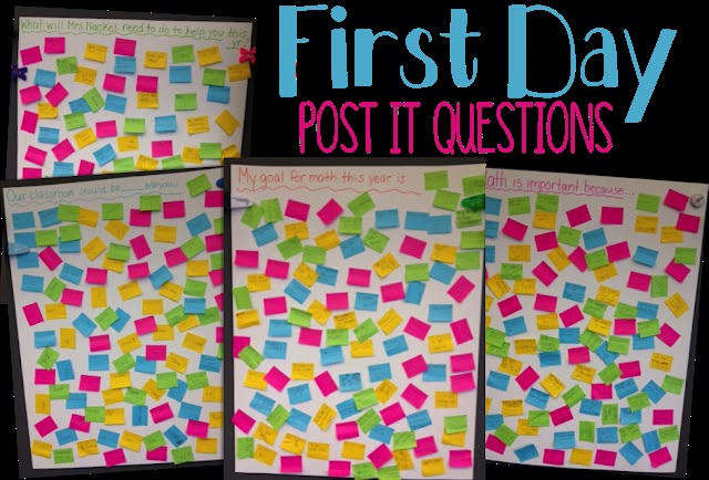 four post it notes with the words first day written on them and colorful paper squares