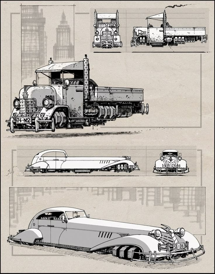 four different types of cars and trucks in black and white, each with their own driver's side view