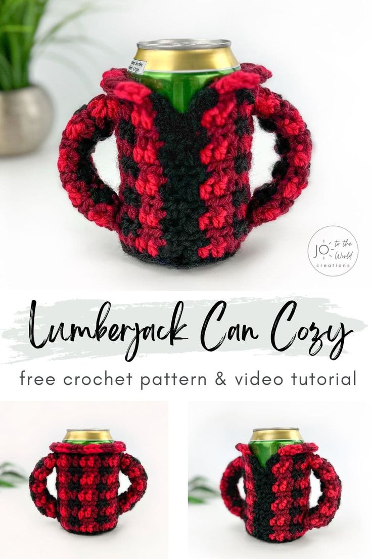 a crocheted beer can cozy is shown with the instructions for how to make it