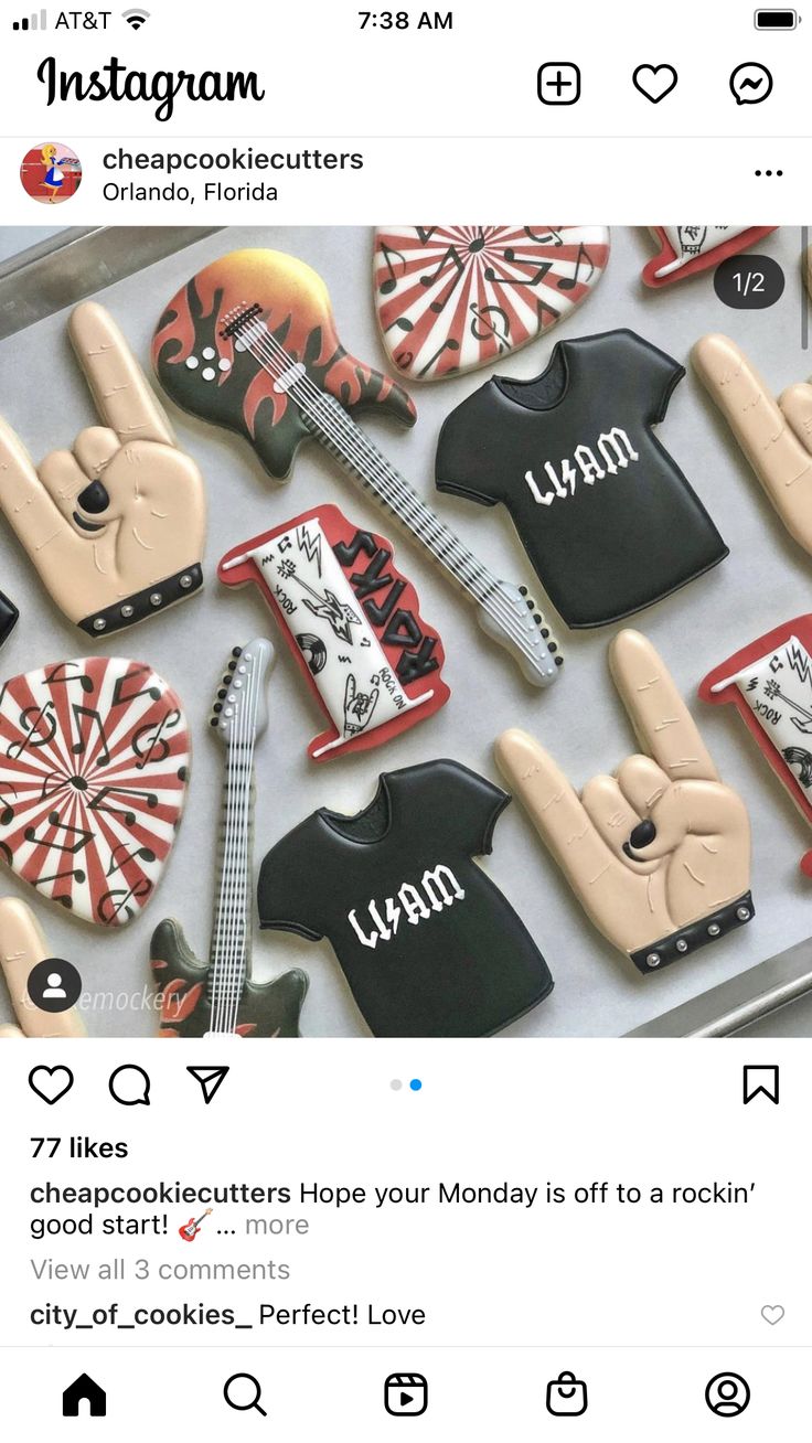 the instagram page is filled with cookies and decorated like guitars, t - shirts, and other items