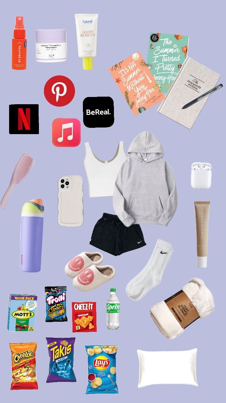 an assortment of items are arranged on a purple background