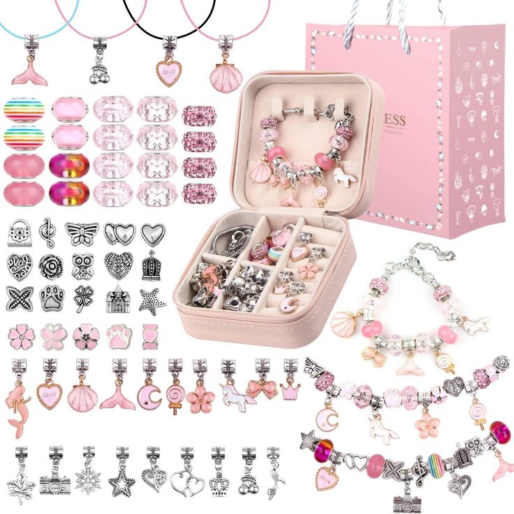 PRICES MAY VARY. DREAM GIFTS FOR GIRLS - Every little princess will love this lovely charms braclets kit. Exquisite box makes it a perfect crafts gift for girls 5+ birthdays, parties or Christmas; keep the kids busy making their own bracelets. PORTABLE JEWELRY BOX - The girls jewelry making kit contains a highquality jewelry storage box (3.9*3.9*2 inch), portable and light weight, easy to carry. All the charms and beads can be properly partitioned without making a mess. DIY YOUR EXCLUSIVE CHARM Charm Bracelet Making, Making Gift Boxes, Hantverk Diy, Bracelet Making Kit, Bracelet Organizer, Diy Crafts For Girls, Jewelry Making Kits, Mermaid Gifts, Diy Charm Bracelet