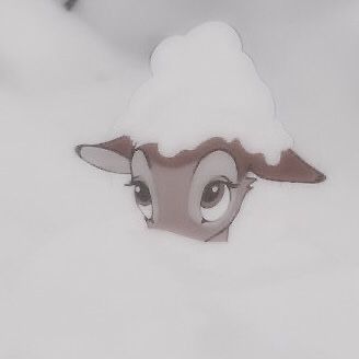 an animal with big eyes standing in the snow